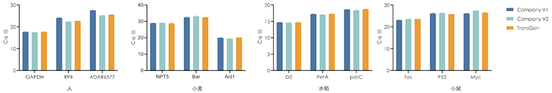 使用Company V1、Company V2、TransGen產(chǎn)品，以不同物種RNA為模板  進(jìn)行反轉(zhuǎn)錄后定量擴(kuò)增不同基因。 結(jié)果表明，TransGen產(chǎn)品可適用于多種物種。