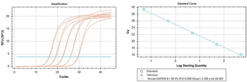 使用TransGen產(chǎn)品以不同起始量RNA（500 ng-50 pg，10倍梯度稀釋?zhuān)槟０暹M(jìn)行  反轉(zhuǎn)錄后定量擴(kuò)增GAPDH基因。結(jié)果表明，TransGen產(chǎn)品反轉(zhuǎn)錄效率高，線性范圍廣。