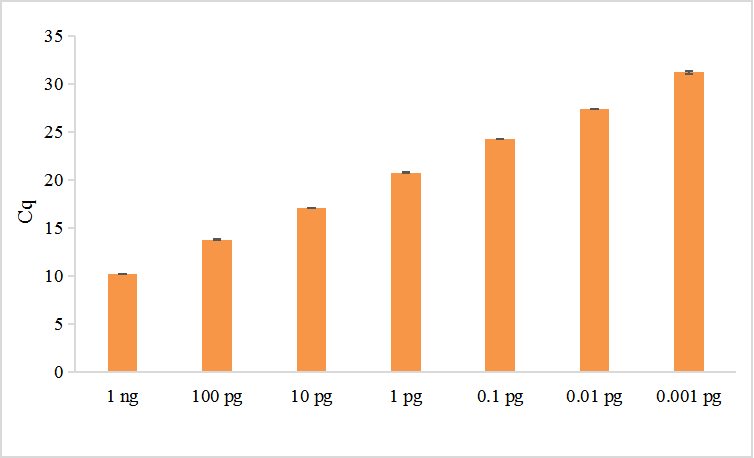以梯度稀釋的1 ng質(zhì)粒DNA為模板，使用TransGen產(chǎn)品進行擴增。結(jié)果顯示，TransGen產(chǎn)品擴增靈敏度高。
